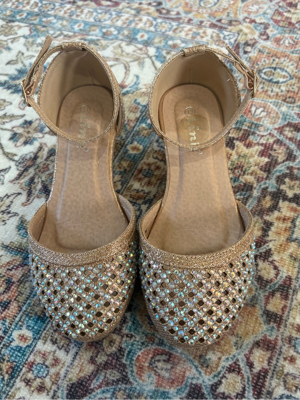 Link Girls' Gold Glitter Ankle-Strap Dress Flats with Rhinestones